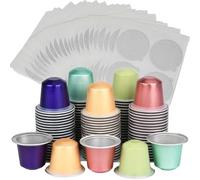 Fegtrtyoa Capsule di Ricambio per caffè 100 Pezzi Set Vuoto in Alluminio per Le tue Tazze di caffè Espresso & Kit di Etichette Adesive per Tappi
