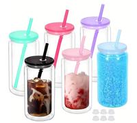 Fegtrtyoa Set di 6 Bottiglie D'Acqua In Plastica Isolate A Doppia Parete da 16 Oz con Coperchi e Cannucce - Tazza per Neve Fai-Da-Te con Foro Preforato B