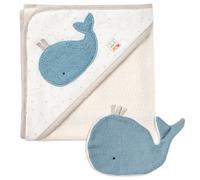 Fehn Set da bagno e guanto da bagno baby whale asciugamano con cappuccio con una simpatica balena poncho per bambini in cotone biologico per neonati e bambini da 0+ mesi