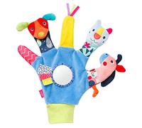 Fehn Guanto da gioco Color Friends - da afferrare e produrre rumori, con sonaglio e squeaker - Burattino per bambini da 0+ mesi
