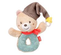 Fehn 060164 Anello di presa in peluche con orso, giocattolo per bambini con sonaglio e attacco per ciuccio, per bambini da 0+ mesi, dimensioni 13 cm