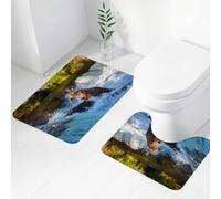FEHWI Set Tappeti Bagno 2 Pezzi in Microfibra - Tappetino da Bagno Morbido e Antiscivolo - Durevole e Assorbente,Cascata, foto del grande orso da una roccia in Alaska Waterfall Wildl