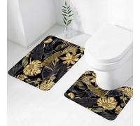 FEHWI Set Tappeti Bagno 2 Pezzi in Microfibra - Tappetino da Bagno Morbido e Antiscivolo - Durevole e Assorbente,con foglie tropicali dorate e nere su sfondo scuro.