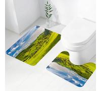 FEHWI Set Tappeti Bagno 2 Pezzi in Microfibra - Tappetino da Bagno Morbido e Antiscivolo - Durevole e Assorbente,Il cielo soleggiato si estende nei campi verdi, montagne rurali verdi e lontane, p