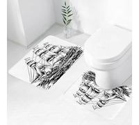 FEHWI Set Tappeti Bagno 2 Pezzi in Microfibra - Tappetino da Bagno Morbido e Antiscivolo - Durevole e Assorbente,Schizzo di navigazione, un veliero in bianco e nero di una nave tradizionale con