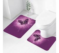 FEHWI Set Tappeti Bagno 2 Pezzi in Microfibra - Tappetino da Bagno Morbido e Antiscivolo - Durevole e Assorbente,Farfalla viola decorata con motivi lucidi e gocce d'acqua su sfondo viola