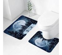 FEHWI Set Tappeti Bagno 2 Pezzi in Microfibra - Tappetino da Bagno Morbido e Antiscivolo - Durevole e Assorbente,Vista notturna invernale, foresta sotto l'enorme luna, con un uccellino blu sulla