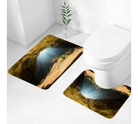FEHWI Set Tappeti Bagno 2 Pezzi in Microfibra - Tappetino da Bagno Morbido e Antiscivolo - Durevole e Assorbente,Decorazioni naturali della grotta, vista dall'interno della grotta verso la spiagg