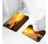 FEHWI Set Tappeti Bagno 2 Pezzi in Microfibra - Tappetino da Bagno Morbido e Antiscivolo - Durevole e Assorbente,Scena al mare, tramonto in un resort sulla spiaggia, silhouette romantica, luna di