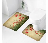 FEHWI Set Tappeti Bagno 2 Pezzi in Microfibra - Tappetino da Bagno Morbido e Antiscivolo - Durevole e Assorbente,Campo di papaveri rossi retrò, fiori di papavero rosso brillante su tutto il paesa