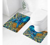 FEHWI Set Tappeti Bagno 2 Pezzi in Microfibra - Tappetino da Bagno Morbido e Antiscivolo - Durevole e Assorbente,Peacock Art, due pavoni ricamati in stile classico e piume abbaglianti