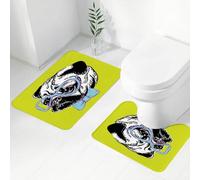 FEHWI Set Tappeti Bagno 2 Pezzi in Microfibra - Tappetino da Bagno Morbido e Antiscivolo - Durevole e Assorbente,Carlino, cane carino con papillon e occhiali da nerd su sfondo verde, verde mela,