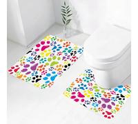 FEHWI Set Tappeti Bagno 2 Pezzi in Microfibra - Tappetino da Bagno Morbido e Antiscivolo - Durevole e Assorbente,Motivo a arcobaleno, motivi ripetuti di varie impronte di zampe colorate su sfond
