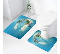 FEHWI Set Tappeti Bagno 2 Pezzi in Microfibra - Tappetino da Bagno Morbido e Antiscivolo - Durevole e Assorbente,Isola, Immagine di un atollo a forma di anello ricoperto di palme in mezzo all'oce