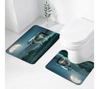 FEHWI Set Tappeti Bagno 2 Pezzi in Microfibra - Tappetino da Bagno Morbido e Antiscivolo - Durevole e Assorbente,Il lupo è in piedi su una roccia sotto la luna piena, Il maestoso lupo al chiaro d