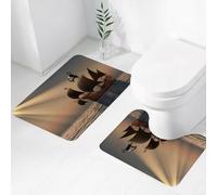FEHWI Set Tappeti Bagno 2 Pezzi in Microfibra - Tappetino da Bagno Morbido e Antiscivolo - Durevole e Assorbente,Pirata, nave con bandiere nere che galleggia nell'oceano in una caravella illumina