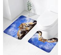 FEHWI Set Tappeti Bagno 2 Pezzi in Microfibra - Tappetino da Bagno Morbido e Antiscivolo - Durevole e Assorbente,Tigre seduta sul legno sotto il cielo azzurro, vista della fauna selvatica, strisc