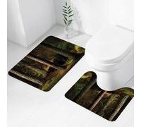 FEHWI Set Tappeti Bagno 2 Pezzi in Microfibra - Tappetino da Bagno Morbido e Antiscivolo - Durevole e Assorbente,Bosco con conifere e grande masso nella magica luce serale