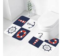FEHWI Set Tappeti Bagno 2 Pezzi in Microfibra - Tappetino da Bagno Morbido e Antiscivolo - Durevole e Assorbente,Set di etichette nautiche. Simbolo di ancora, timone, faro e salvagente. Illustraz