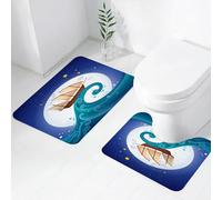 FEHWI Set Tappeti Bagno 2 Pezzi in Microfibra - Tappetino da Bagno Morbido e Antiscivolo - Durevole e Assorbente,Luna, vecchia nave con tempesta che cavalca le onde, stile luna piena e stelle mar