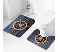 FEHWI Set Tappeti Bagno 2 Pezzi in Microfibra - Tappetino da Bagno Morbido e Antiscivolo - Durevole e Assorbente,Volante nautico, ruote di una nave invecchiata su uno sfondo di parete in legno a