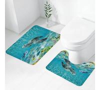 FEHWI Set Tappeti Bagno 2 Pezzi in Microfibra - Tappetino da Bagno Morbido e Antiscivolo - Durevole e Assorbente,Mondo sottomarino, tartarughe e delfini che scivolano tra un gruppo di pesci color