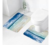 FEHWI Set Tappeti Bagno 2 Pezzi in Microfibra - Tappetino da Bagno Morbido e Antiscivolo - Durevole e Assorbente,Onda, spiaggia con onde spumeggianti su una riva deserta del mare, tema di vacanza