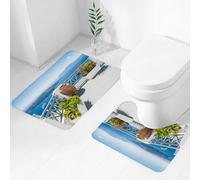 FEHWI Set Tappeti Bagno 2 Pezzi in Microfibra - Tappetino da Bagno Morbido e Antiscivolo - Durevole e Assorbente,Paesaggio, Isola di Santorini Grecia Mar Egeo Alberi Fiori k