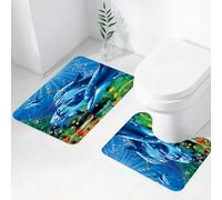 FEHWI Set Tappeti Bagno 2 Pezzi in Microfibra - Tappetino da Bagno Morbido e Antiscivolo - Durevole e Assorbente,Mondo sottomarino, delfini che nuotano tra barriere coralline colorate e bolle, ci
