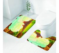 FEHWI Set Tappeti Bagno 2 Pezzi in Microfibra - Tappetino da Bagno Morbido e Antiscivolo - Durevole e Assorbente,Vulcano, paesaggio preistorico con grotte, vulcani fumosi ed erba verde, cielo nuv