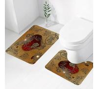 FEHWI Set Tappeti Bagno 2 Pezzi in Microfibra - Tappetino da Bagno Morbido e Antiscivolo - Durevole e Assorbente,Steampunk - Cuore d'ispirazione, Romantico e meccanico, Cuore rosso decorato con i
