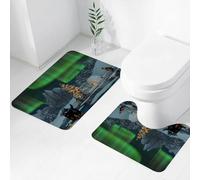 FEHWI Set Tappeti Bagno 2 Pezzi in Microfibra - Tappetino da Bagno Morbido e Antiscivolo - Durevole e Assorbente,Aurora boreale, pinguini su un lago ghiacciato con albero di Natale del circolo po