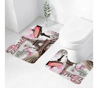 FEHWI Set Tappeti Bagno 2 Pezzi in Microfibra - Tappetino da Bagno Morbido e Antiscivolo - Durevole e Assorbente,Torre Eiffel ad acquerello di Parigi, cartello stradale, sfondo rosa