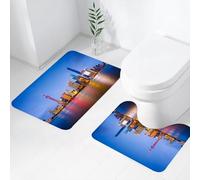 FEHWI Set Tappeti Bagno 2 Pezzi in Microfibra - Tappetino da Bagno Morbido e Antiscivolo - Durevole e Assorbente,Urbano, Skyline della città di Shanghai, Cina sul fiume Huangpu, Tramonto, Famosa