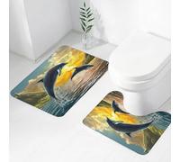 FEHWI Set Tappeti Bagno 2 Pezzi in Microfibra - Tappetino da Bagno Morbido e Antiscivolo - Durevole e Assorbente,Due delfini che saltano fuori dall'acqua durante uno splendido tramonto. Dipinto d