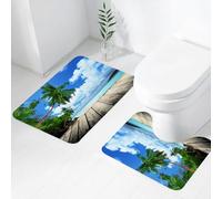 FEHWI Set Tappeti Bagno 2 Pezzi in Microfibra - Tappetino da Bagno Morbido e Antiscivolo - Durevole e Assorbente,Paesaggio, spiaggia di un'isola tropicale dal molo sul ponte vicino all'oceano con