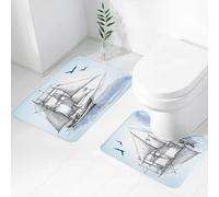 FEHWI Set Tappeti Bagno 2 Pezzi in Microfibra - Tappetino da Bagno Morbido e Antiscivolo - Durevole e Assorbente,Schizzo retrò di una barca a vela che scivola sull'acqua, con gabbiani che volano
