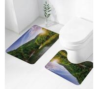 FEHWI Set Tappeti Bagno 2 Pezzi in Microfibra - Tappetino da Bagno Morbido e Antiscivolo - Durevole e Assorbente,fiume che scorre tra montagne verdi attraverso la foresta al tramonto