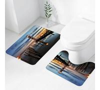 FEHWI Set Tappeti Bagno 2 Pezzi in Microfibra - Tappetino da Bagno Morbido e Antiscivolo - Durevole e Assorbente,Faro al crepuscolo, un faro a strisce che brilla come un lago sotto un lago al cre