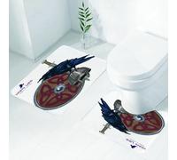 FEHWI Set Tappeti Bagno 2 Pezzi in Microfibra - Tappetino da Bagno Morbido e Antiscivolo - Durevole e Assorbente,Corvo vichingo su elmo d'acciaio, spada nordica, scudo, armatura da guerra