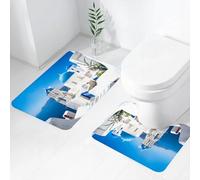 FEHWI Set Tappeti Bagno 2 Pezzi in Microfibra - Tappetino da Bagno Morbido e Antiscivolo - Durevole e Assorbente,Tramonto Blu Grecia Vista Panoramica Cicladi Case Bianche Santorini Par