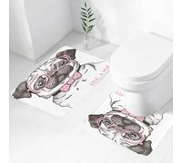 FEHWI Set Tappeti Bagno 2 Pezzi in Microfibra - Tappetino da Bagno Morbido e Antiscivolo - Durevole e Assorbente,Carlino, cane carino con papillon rosa, occhiali oversize disegnati a mano, addome