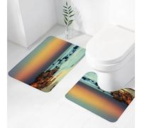 FEHWI Set Tappeti Bagno 2 Pezzi in Microfibra - Tappetino da Bagno Morbido e Antiscivolo - Durevole e Assorbente,Natura, Tramonto colorato sulle pietre del mare in primo piano, Paesaggio costiero