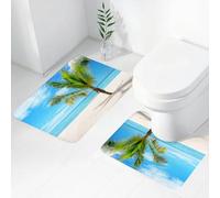FEHWI Set Tappeti Bagno 2 Pezzi in Microfibra - Tappetino da Bagno Morbido e Antiscivolo - Durevole e Assorbente,Palme e mare color zaffiro, Palma - Spiaggia di sabbia bianca e acque azzurre, Omb