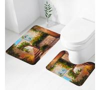 FEHWI Set Tappeti Bagno 2 Pezzi in Microfibra - Tappetino da Bagno Morbido e Antiscivolo - Durevole e Assorbente,Rustico, cancello di pietra in una vecchia città con fiori in fiore, dipinto a oli
