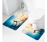 FEHWI Set Tappeti Bagno 2 Pezzi in Microfibra - Tappetino da Bagno Morbido e Antiscivolo - Durevole e Assorbente,Onda, onda blu a canna con un giovane surfista Attività di sport estremi e diverti