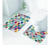 FEHWI Set Tappeti Bagno 2 Pezzi in Microfibra - Tappetino da Bagno Morbido e Antiscivolo - Durevole e Assorbente,Bancarella marocchina, motivo patchwork con varie figure arabe colorate Arte tunis