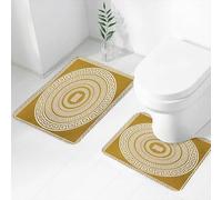 FEHWI Set Tappeti Bagno 2 Pezzi in Microfibra - Tappetino da Bagno Morbido e Antiscivolo - Durevole e Assorbente,Set di ornamenti greci tradizionali vintage quadrati e rotondi dorati, bordo a mea
