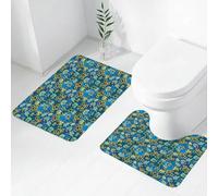 FEHWI Set Tappeti Bagno 2 Pezzi in Microfibra - Tappetino da Bagno Morbido e Antiscivolo - Durevole e Assorbente,Design vivido su sfondo blu con motivi ripetuti con teschi, stelle e simboli