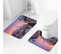 FEHWI Set Tappeti Bagno 2 Pezzi in Microfibra - Tappetino da Bagno Morbido e Antiscivolo - Durevole e Assorbente,delfia sotto un tramonto viola e nebbioso. Un treno in arrivo attraversa il ponte